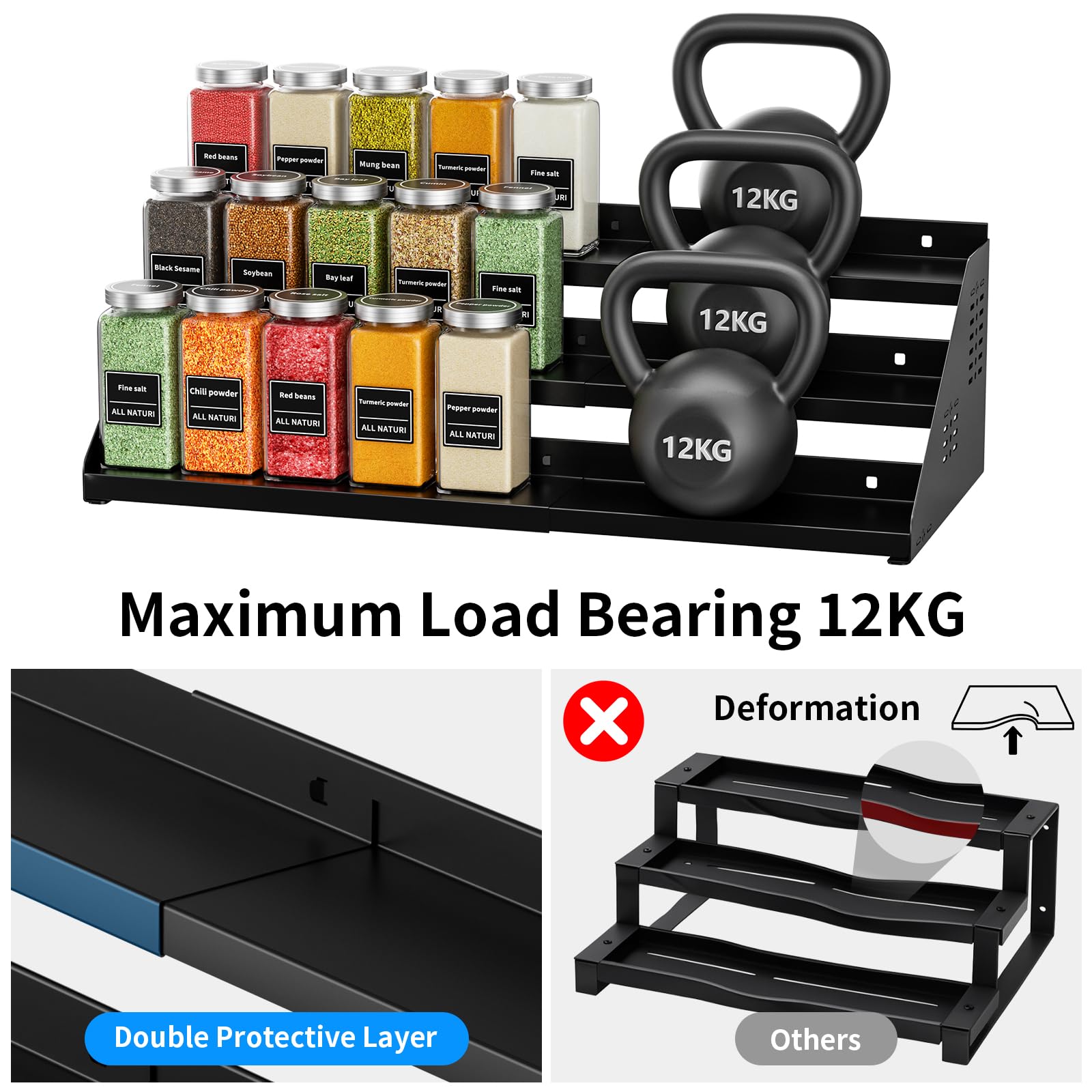 BOIVSHI Étagère à épices extensible en largeur (Noire) – Rack de cuisine sans perçage pour organisation d'armoire