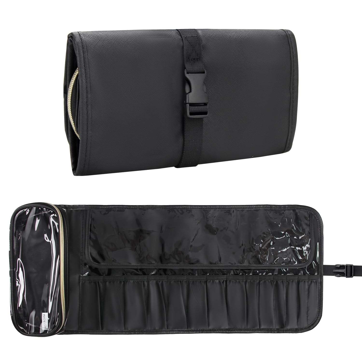 Relavel Makeup Brush Holder Makeup Brush Bag Travel Case Pouch Cosmetic Bag Organizer Travel Portable Cosmetics Brushes Black Leather Case with Small Clear Bag for Makeup Artists (Black, Large)