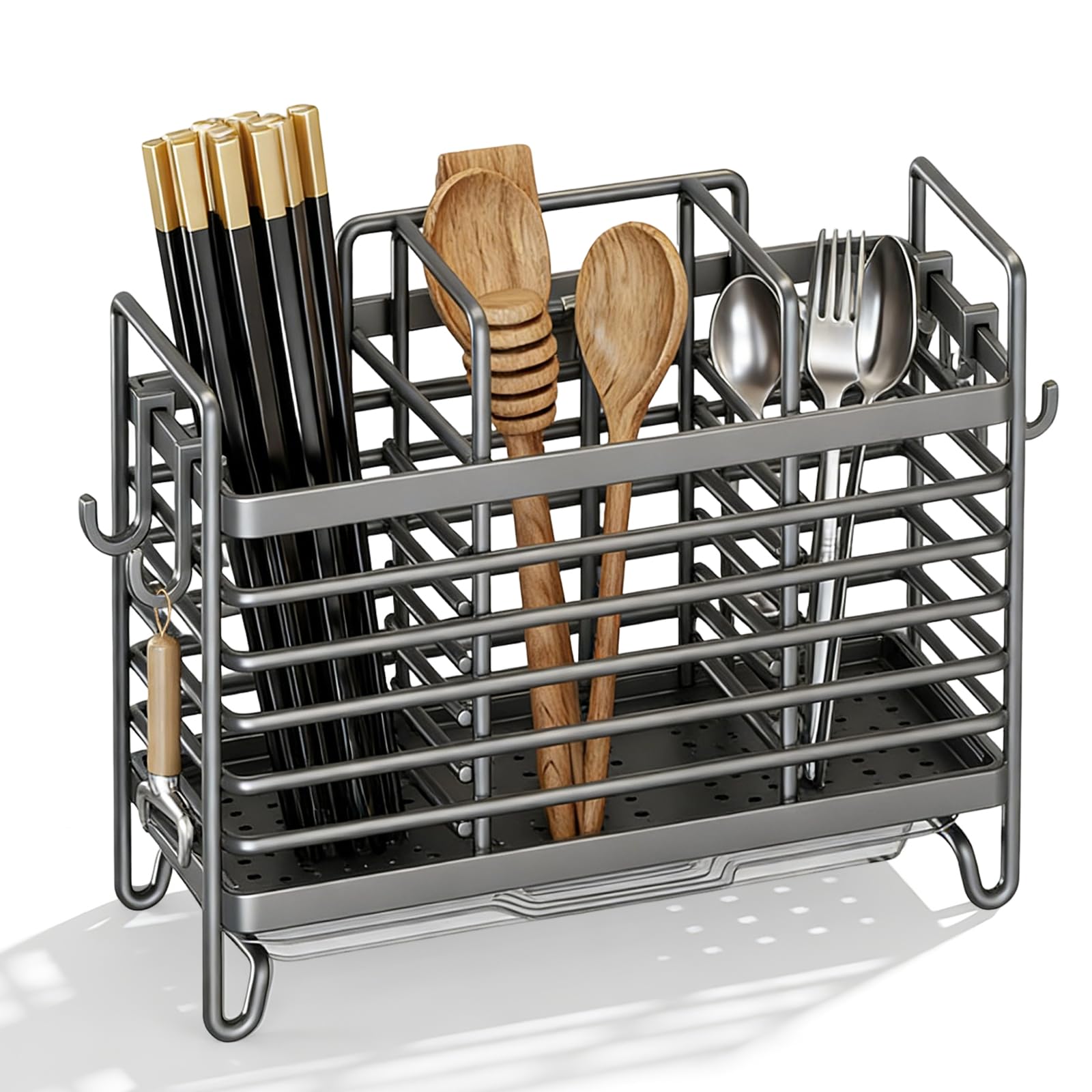Sxtdkmj Grey Cutlery Drainer, 3 Compartments Kitchen Caddy Cutlery Holder Drainer With Drainage Holes Space Saving For Knife Fork Chopsticks