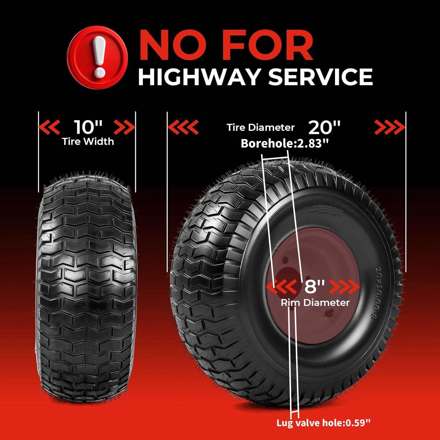 20x10.00-8 Lawn Mower Tires with Rim,20x10x8" Tubeless Tractor Tires, 2-Pack Tire and Wheel Assembly,4 Lug 2.83" Borehole,4 Ply for Riding Mowers Lawn Tractors