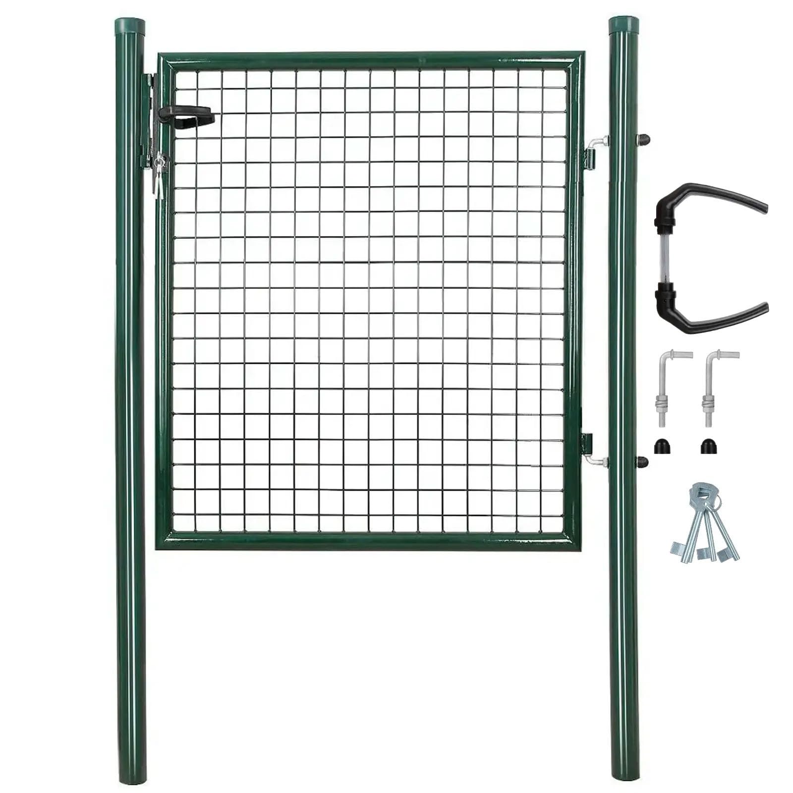 ATTAS Cancello da giardino in metallo, 100 x 100, verde, con serratura e 3 chiavi con serratura, porta di recinzione, porta da giardino, per cancello a doppia asta, in metallo, cancello da cortile
