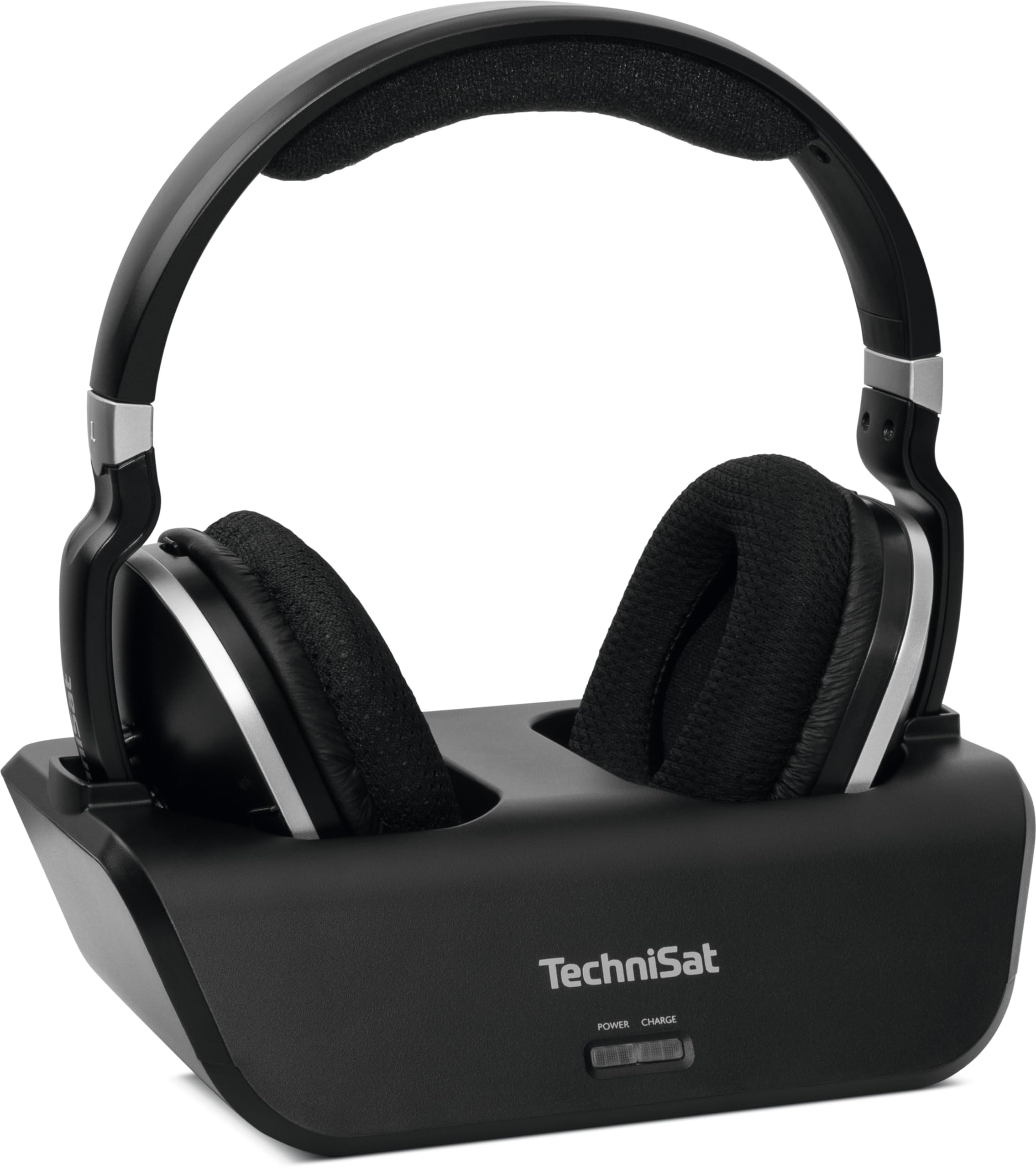 TechniSat STEREOMAN 2 V2 headphones resting on the docking station, showing the power and charge indicator lights.