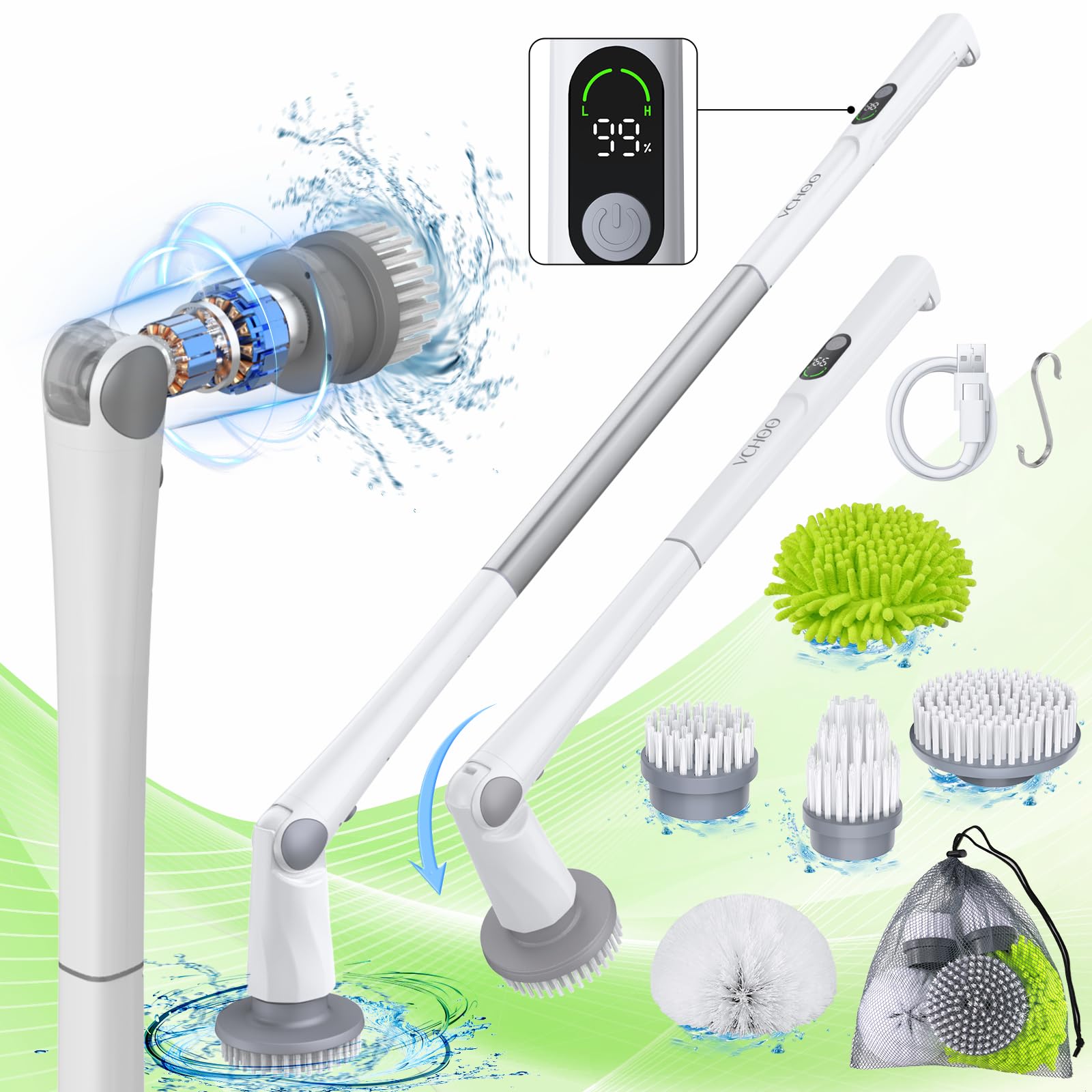 Cepillo eléctrico giratorio, 2024 nuevo mango remoto con mango largo, 5 cepillos reemplazables, cepillo de limpieza inalámbrico para limpiar azulejos de baño y bañera