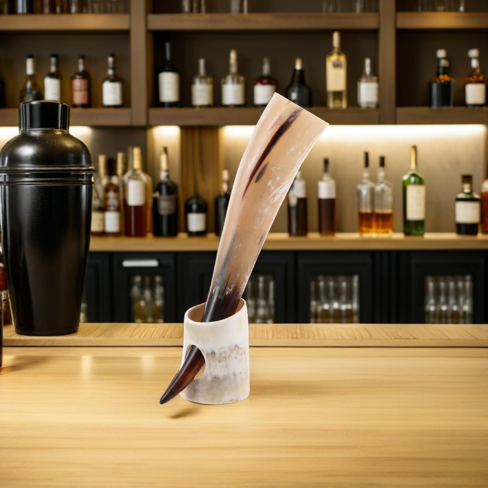 SHINEOFI Tazza da Bere in Corno di Bue Supporto Design Vichingo Unico Artigianato Autentico per Birra e Collezioni