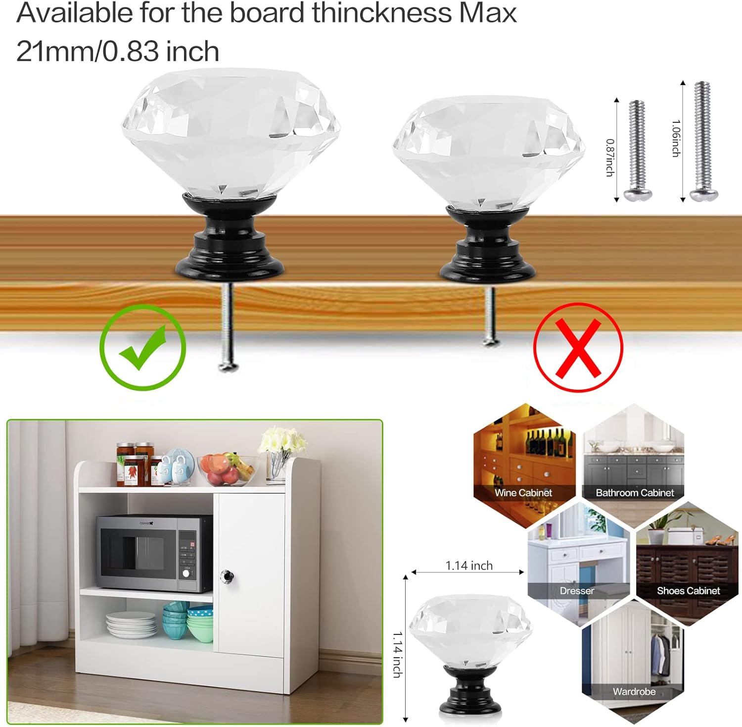 12 Pcs 30mm Diamond Shape Crystal Glass Cabinet Knobs with Screws Drawer Knob Pull Handle Used for Kitchen, Dresser, Door, Cupboard (Black B Clear)