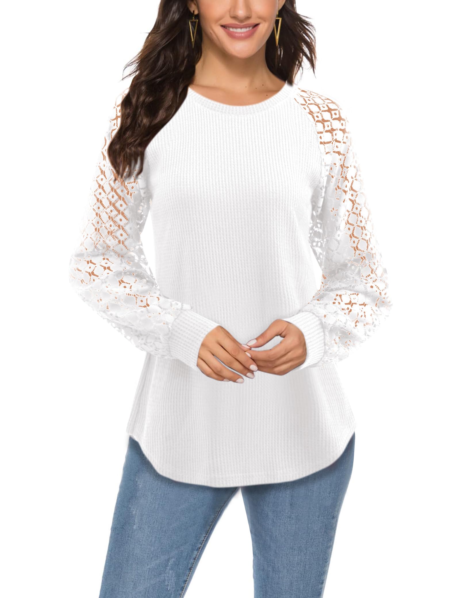 Amoretu Round Neck Long Sleeve T Shirt Hollow Lace Waffle Blouses Women Top Dressy Casual for Fall Clothing