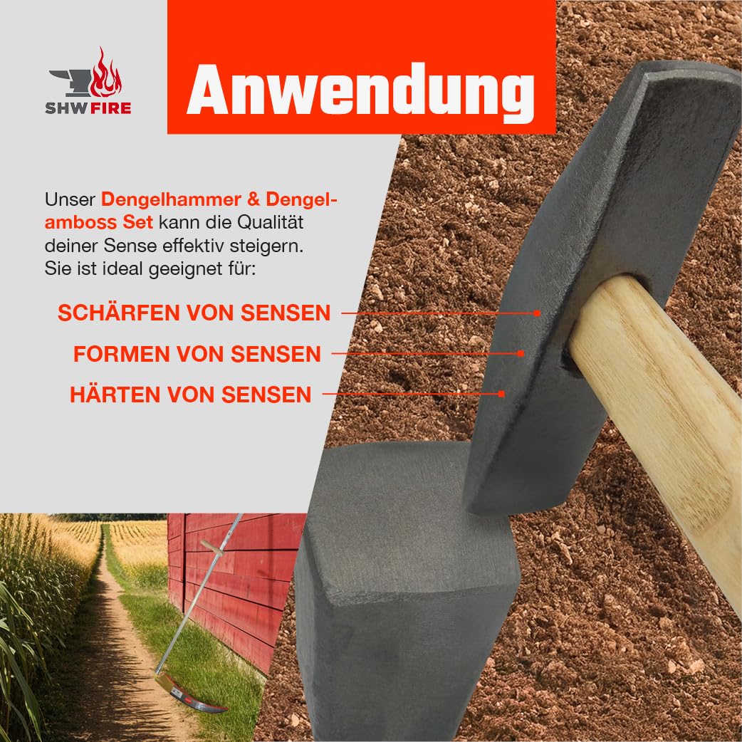 Dengelhammer und Dengelamboss Set - optimales Dengeln und Schärfen von Sensen von SHW-FIRE