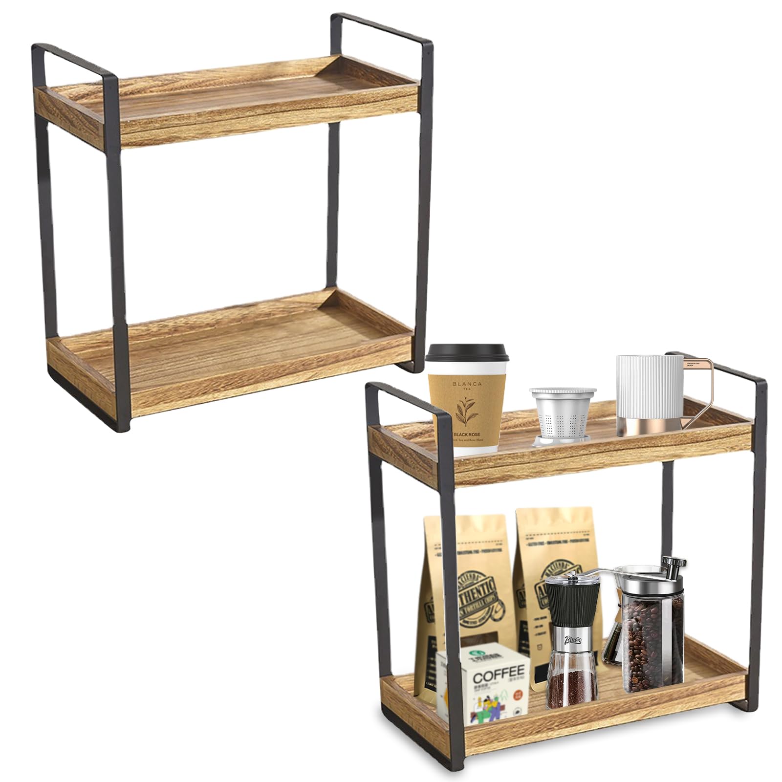 Gzsekken 2-Tier Coffee Bar Organiser, Minimalist Wooden Coffee Station, 2 Pack, Natural-2pack, 35cm x 17cm x 35cm