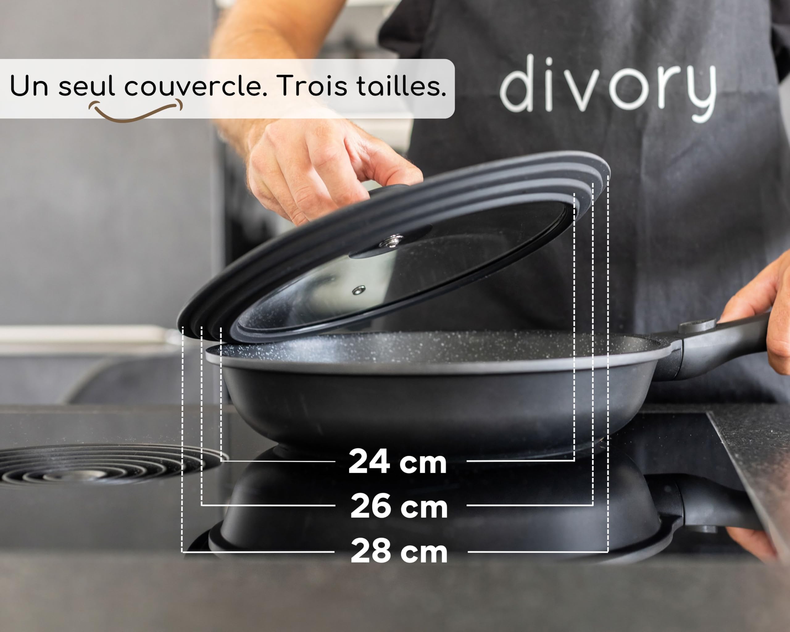 DIVORY Ø 24, 26, 28 cm Couvercle Universel - couvercle pour casserole et poele - couvercles pour casseroles et poêles - Silicona para ahorrar espacio