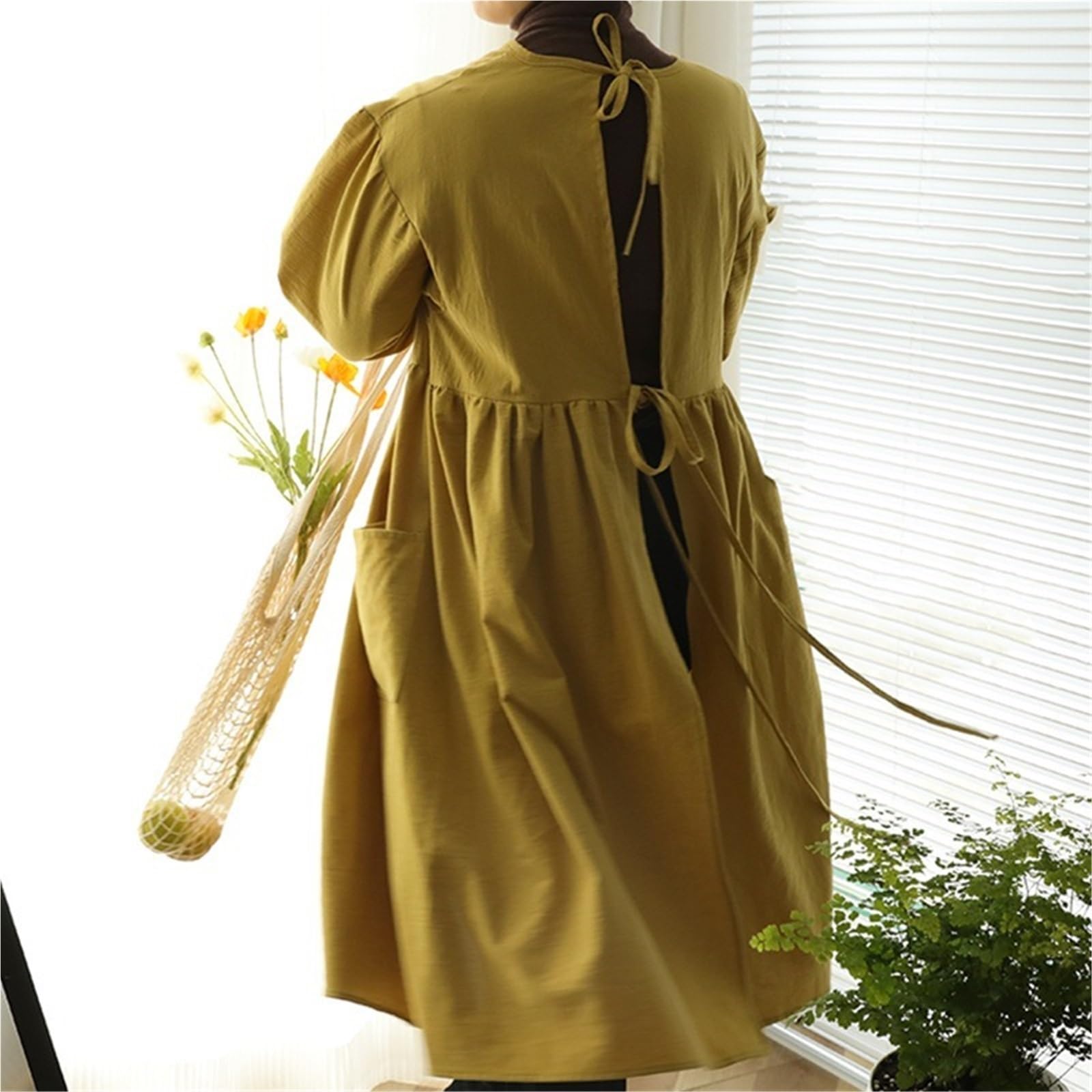 Grembiule da cucina donna con ricamo taglie forti 3 pezzi per Cucinare | Grembiule con tasca, grembiule in cotone ampio allargato a maniche lunghe for la pulizia della cottura