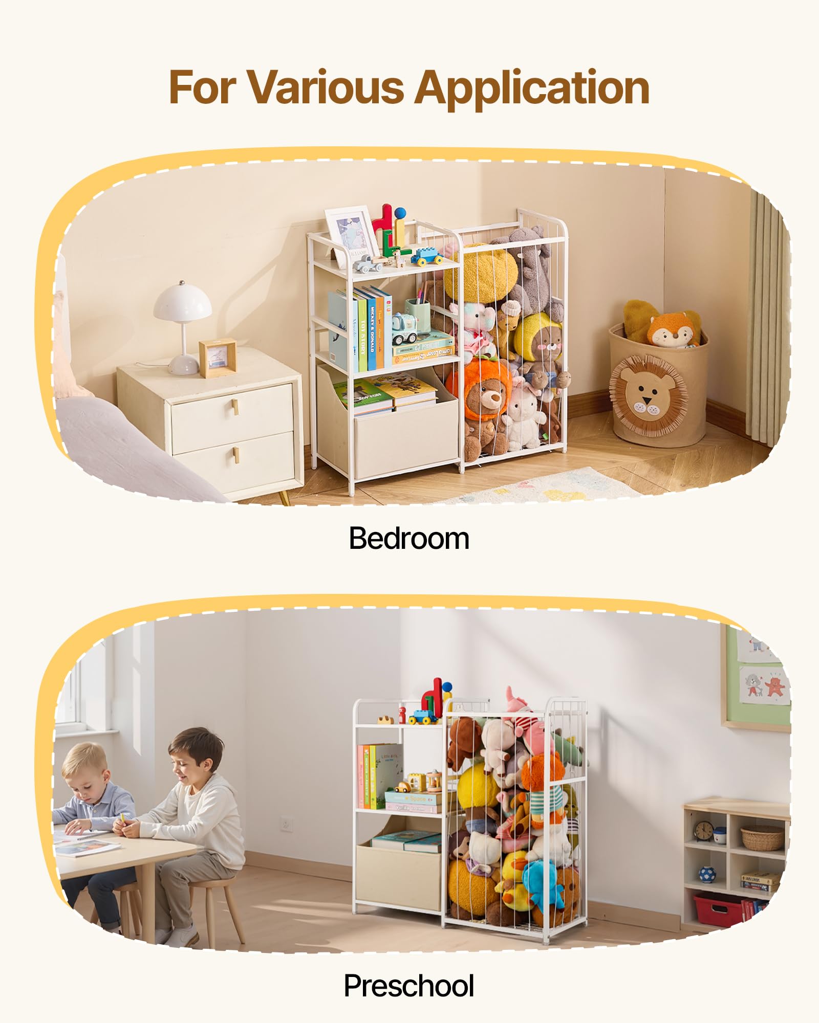 VEVOR Organisateur de jouets animaux en peluche, bibliothèque enfants à 2 niveaux, meuble de rangement avec coffre à jouets en tissu, pour chambres, salles de jeux, crèches et jardins d'enfants, blanc