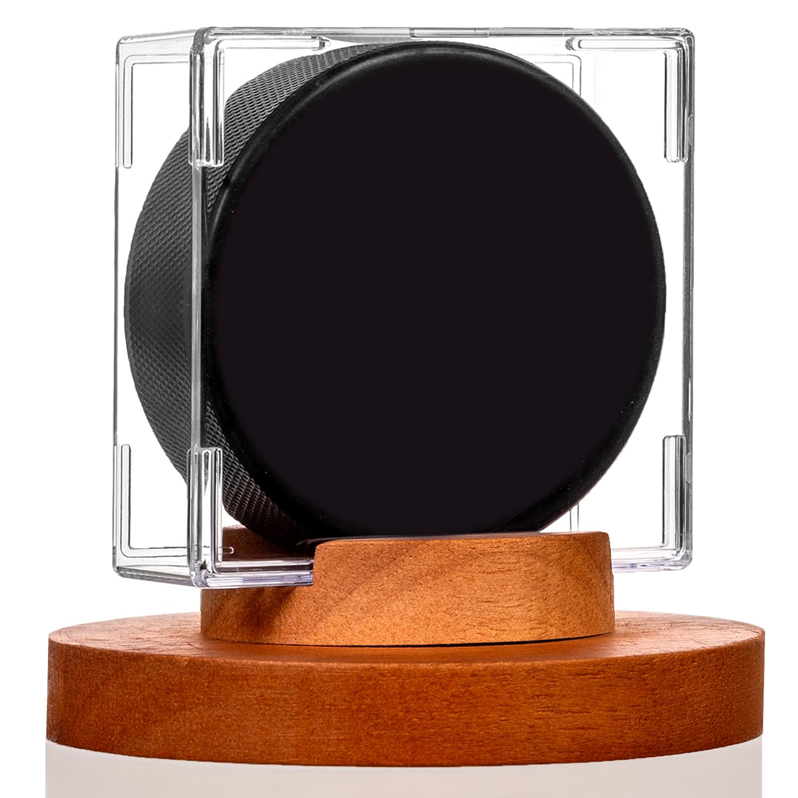 ULTRGEE Hockey Puck Display Case - Acrylic Box, Hockey Puck Holder with Wooden Base, Hockey Pucks Storage Stand for Collection Memorabilia (1 Pack, Square)