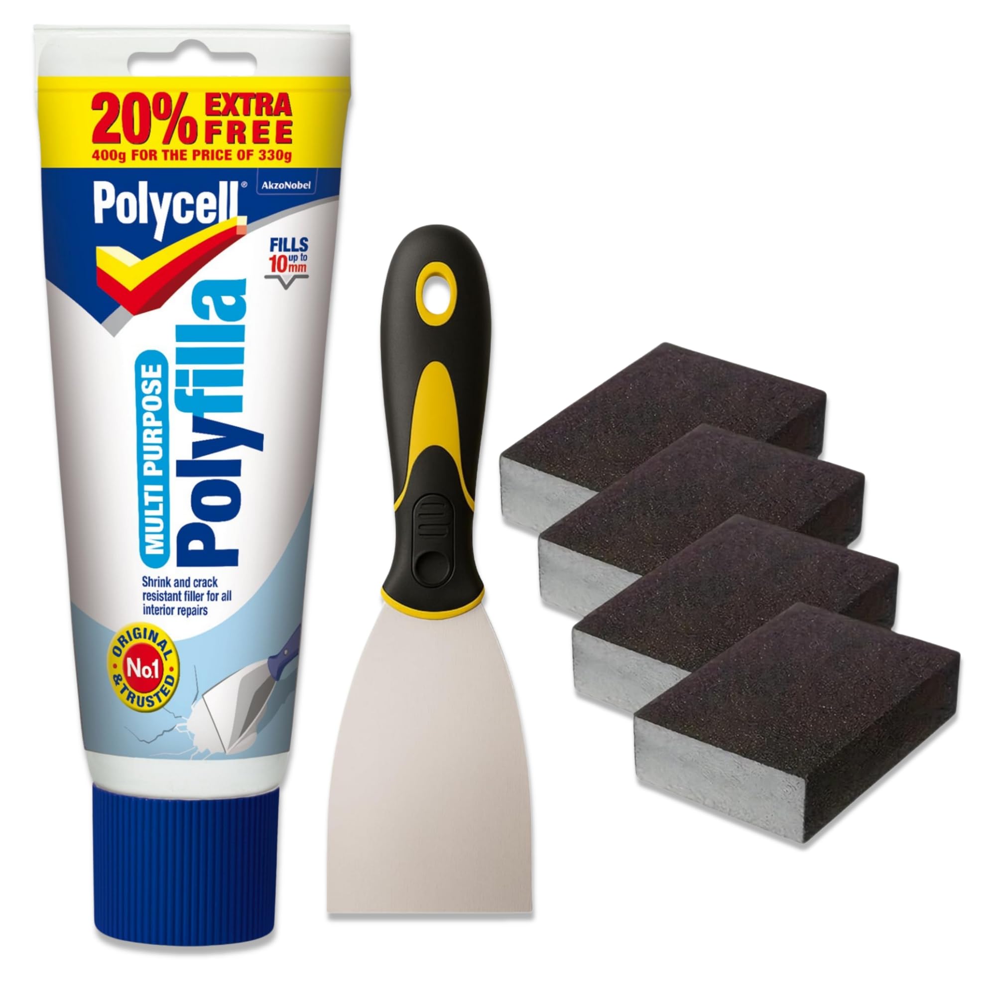 Wall Repair Bundle with Ready Mixed Wall Filler, 3-inch Paint Scraper & 4 pieces Sanding Block Set, Ideal for Plaster & Wood Repairs