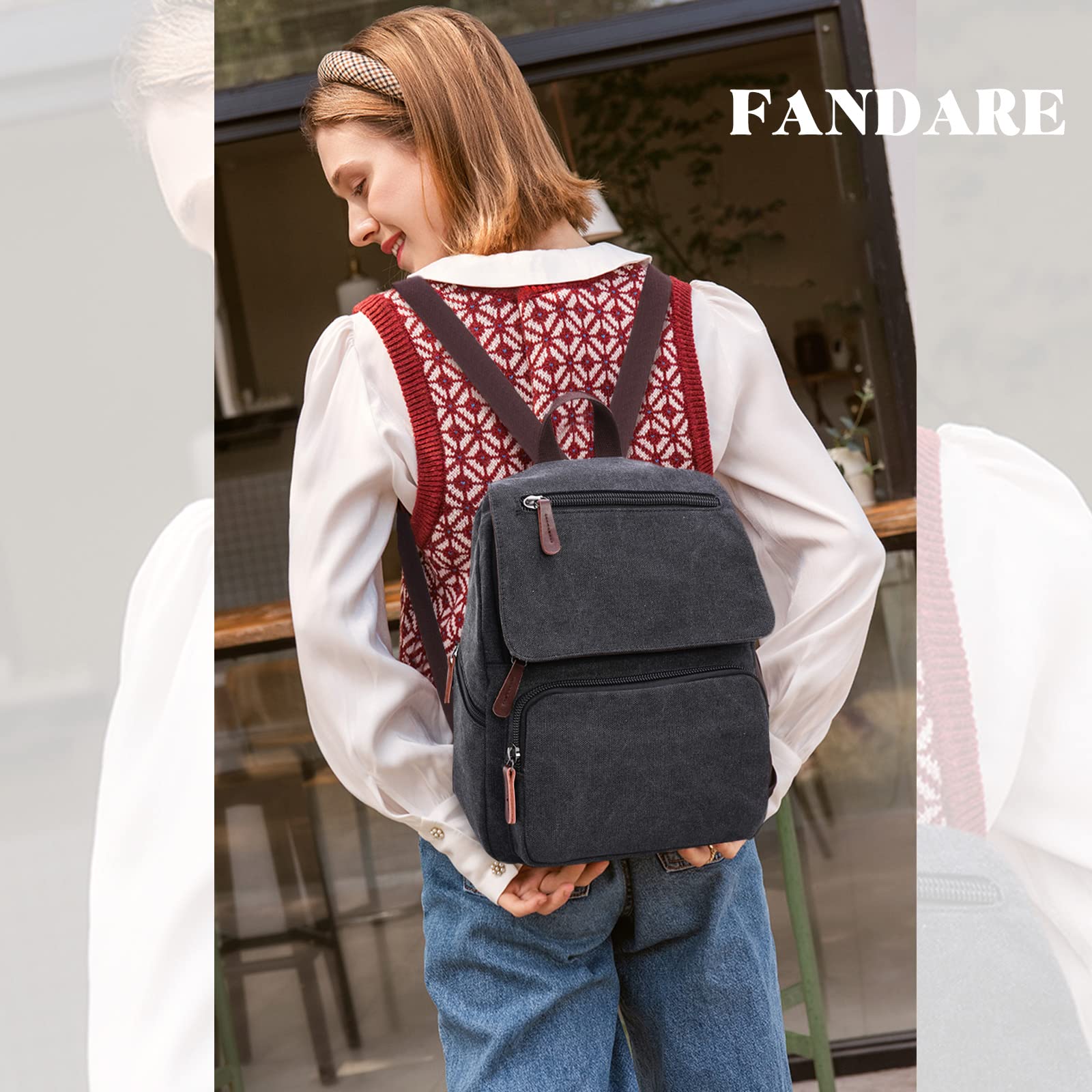 FANDARE Tela Zaino Unisex Zaino Porta PC Uomo Retrò Borsa Zainetto Donna Zaino Scuola Zainetto Zainetti Cartella Borsa da scuola Università All'aperto Viaggio porta PC 12.9 Pollici Zaino Nero