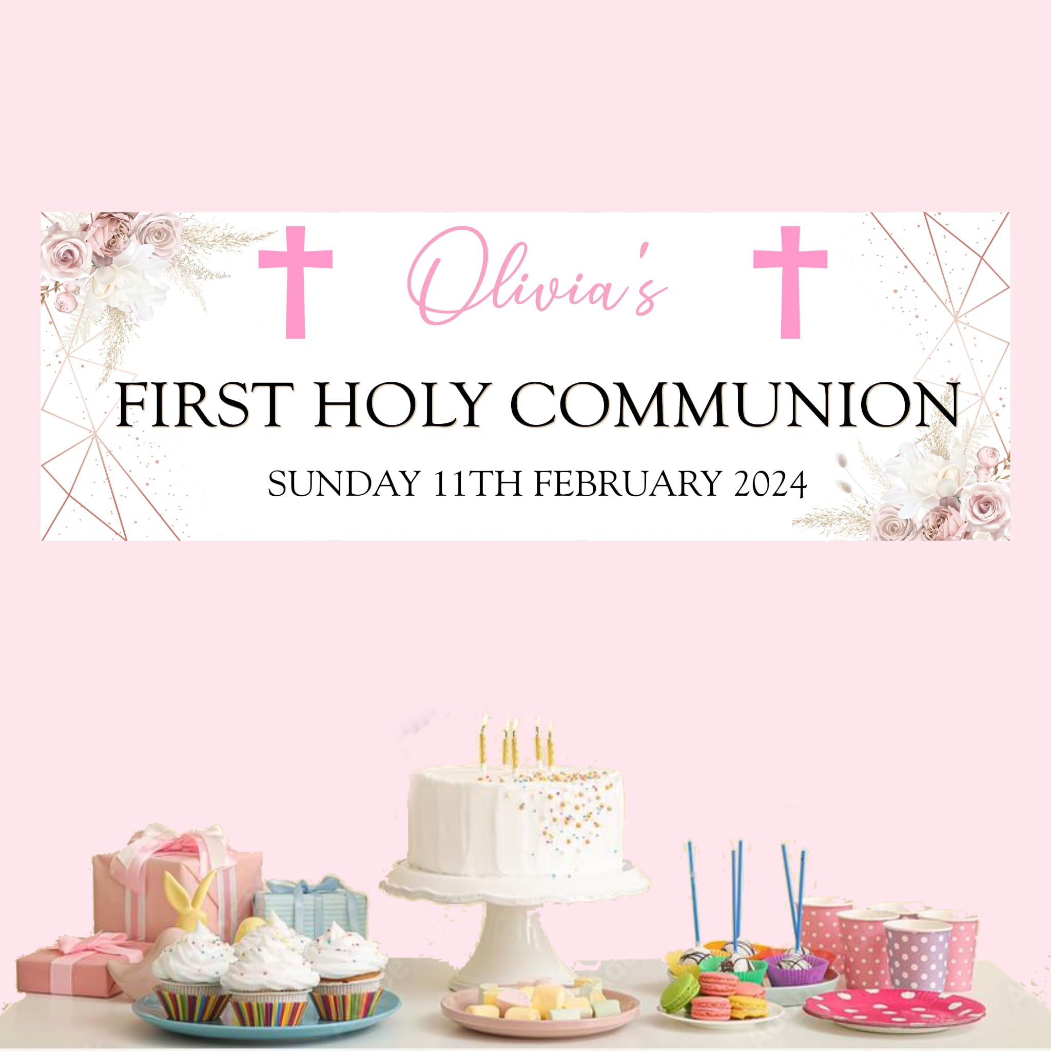 First Holy Communion Party Banner, Personalised, Pink, Banner For Girls, Decorations, Decor
