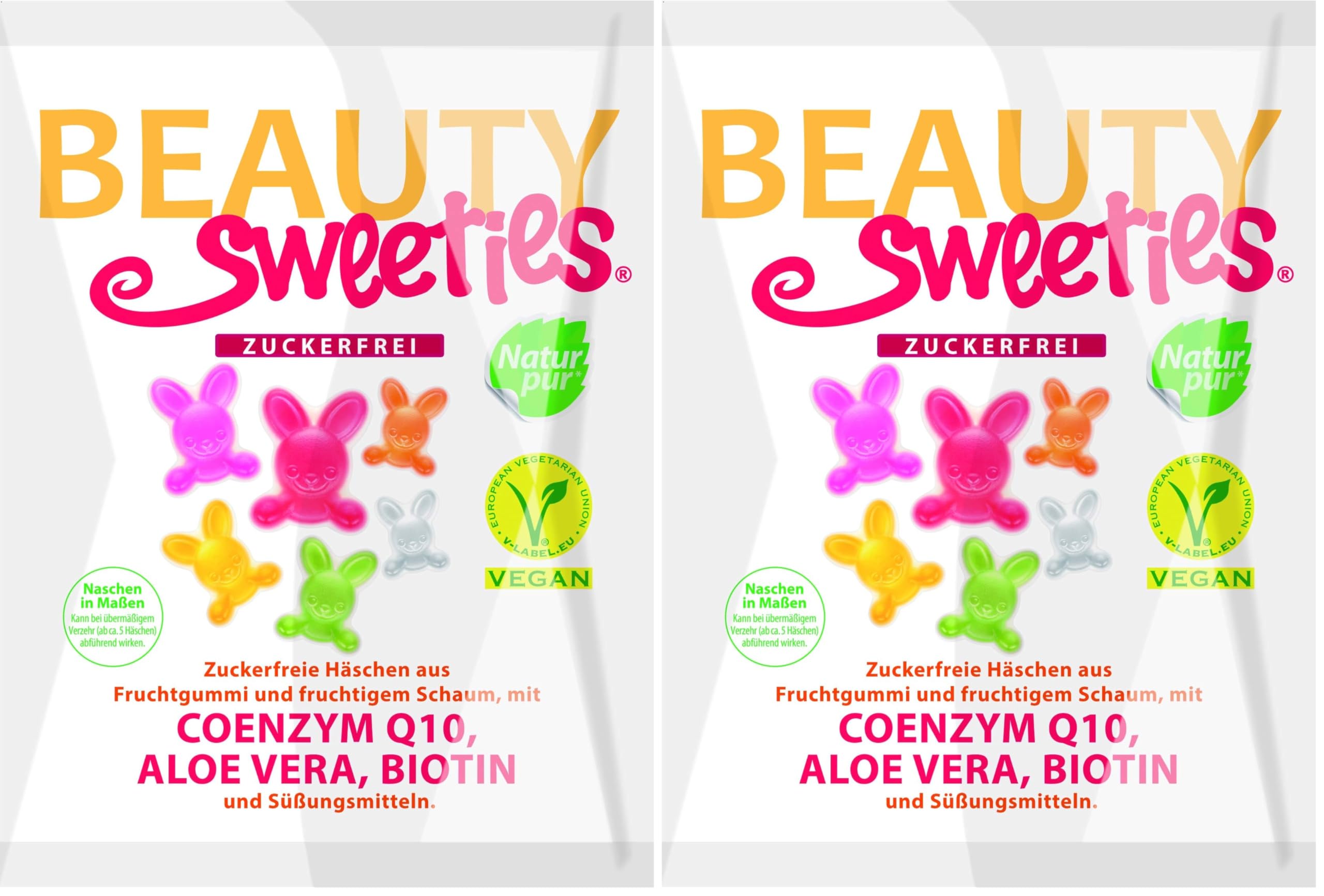 BeautySweeties Zuckerfreie Häschen 125 g | Fruchtig-süße, zuckerfreie & vegane Fruchtgummi-Häschen | Mit Coenzym Q1, Aloe Vera und Biotin | 1 x 125 g Beutel (Packung mit 2)