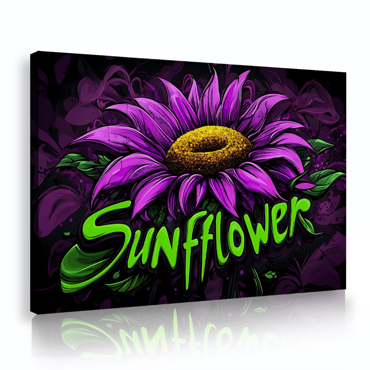 Via Vela Purple Floral Wall Art Canvas Poster Graphic Sunflower Lettering Painting Urban Typography Print Botanical Picture Artwork for Bedroom Living Room Lounge Decor 70x105cm