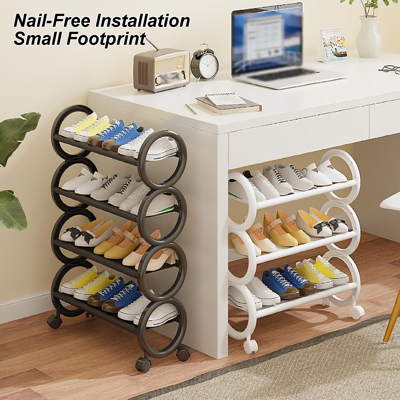 Schuhablage, Schuhregal Platzsparende mit Rollen, Schuh Organizer für Kleiderschrank, Schlafzimmer, Unter Dem Tisch, Eingangsbereich, Schlafzimmer(White,61x20x73cm/24x8x29in)
