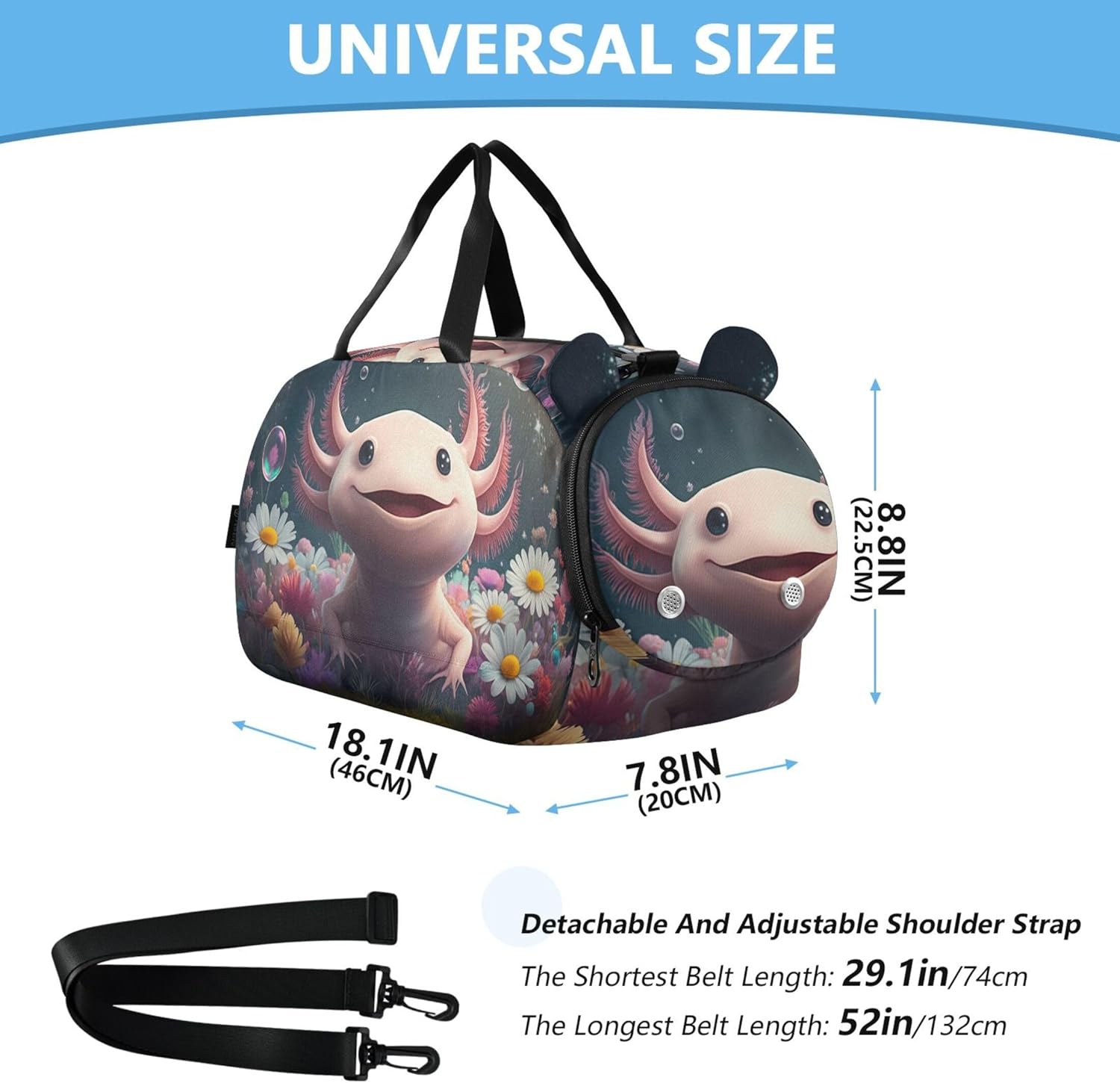 Cute Pink Axolotl Floral Girls Duffle Bags Travel Tote Weekend Duffel Overnight Gym Kids Luggage Carry on Duffel Bag Boy