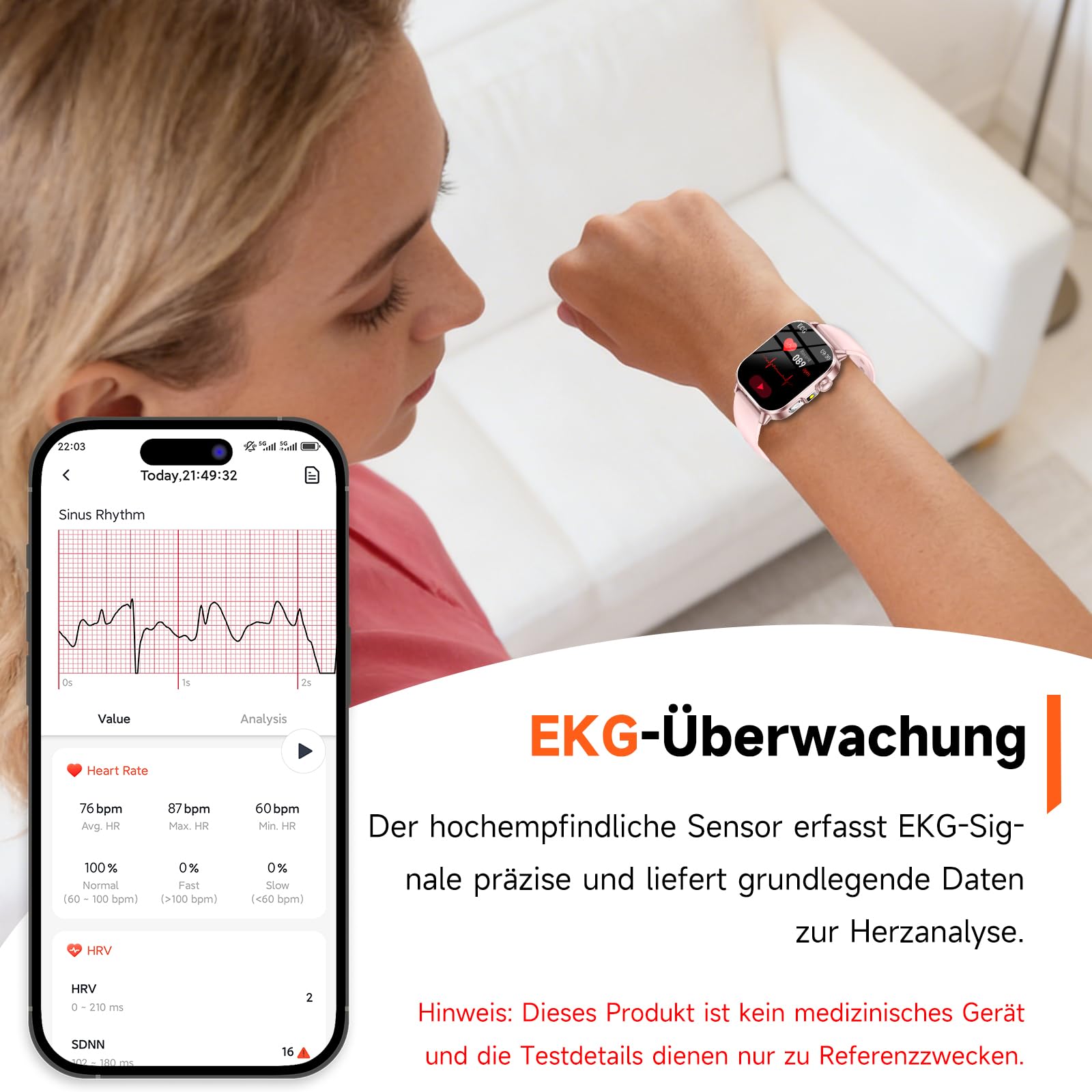 Smartwatch Damen mit EKG+HRV/Blutdruck/Schlaf/Emotion/Stimmung/LED-Licht | 2,0"Gesundheitsuhr mit Pulsuhr Harnsäure Körpertemperatur SpO2 Menstruationszyklus BMI, SOS-Notruf Fitnessuhr für iOS/Android