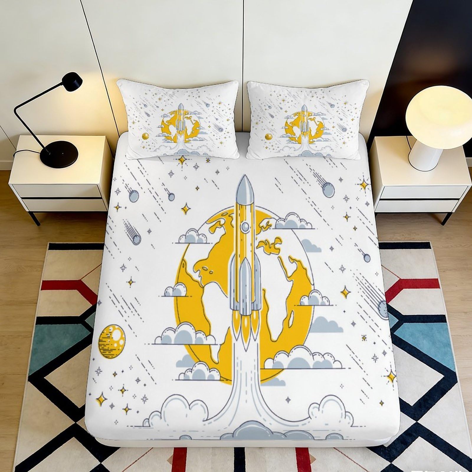 3D Printed Rocket Space 3D Printed Fitted Sheet Microfiber Soft Breathable Planet Mattress Cover for Bedroom Dormitory Guest Room Protection Decor 90x200x25cm