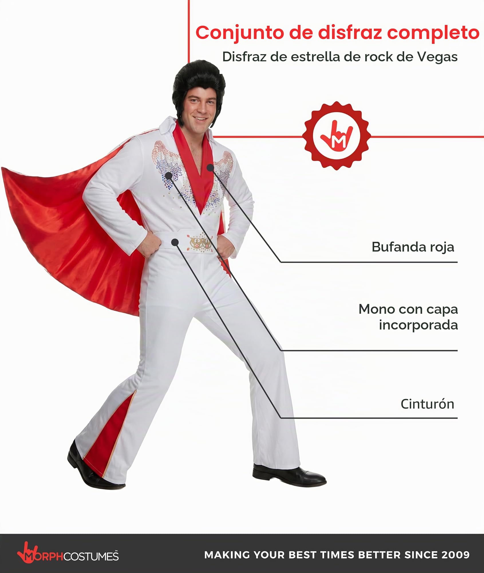 Morph Disfraz Elvis Rey Del Rock y Roll Hombre, Años 70, Cantante, Disco, Despedida, Carnaval y Halloween