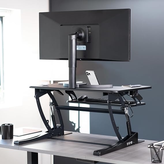 VIVO 32 inch Height Adjustable Stand Up Desk Converter, V Series, Quick Sit to Stand Tabletop Dual Monitor Riser Workstation, Black, DESK-V000VS