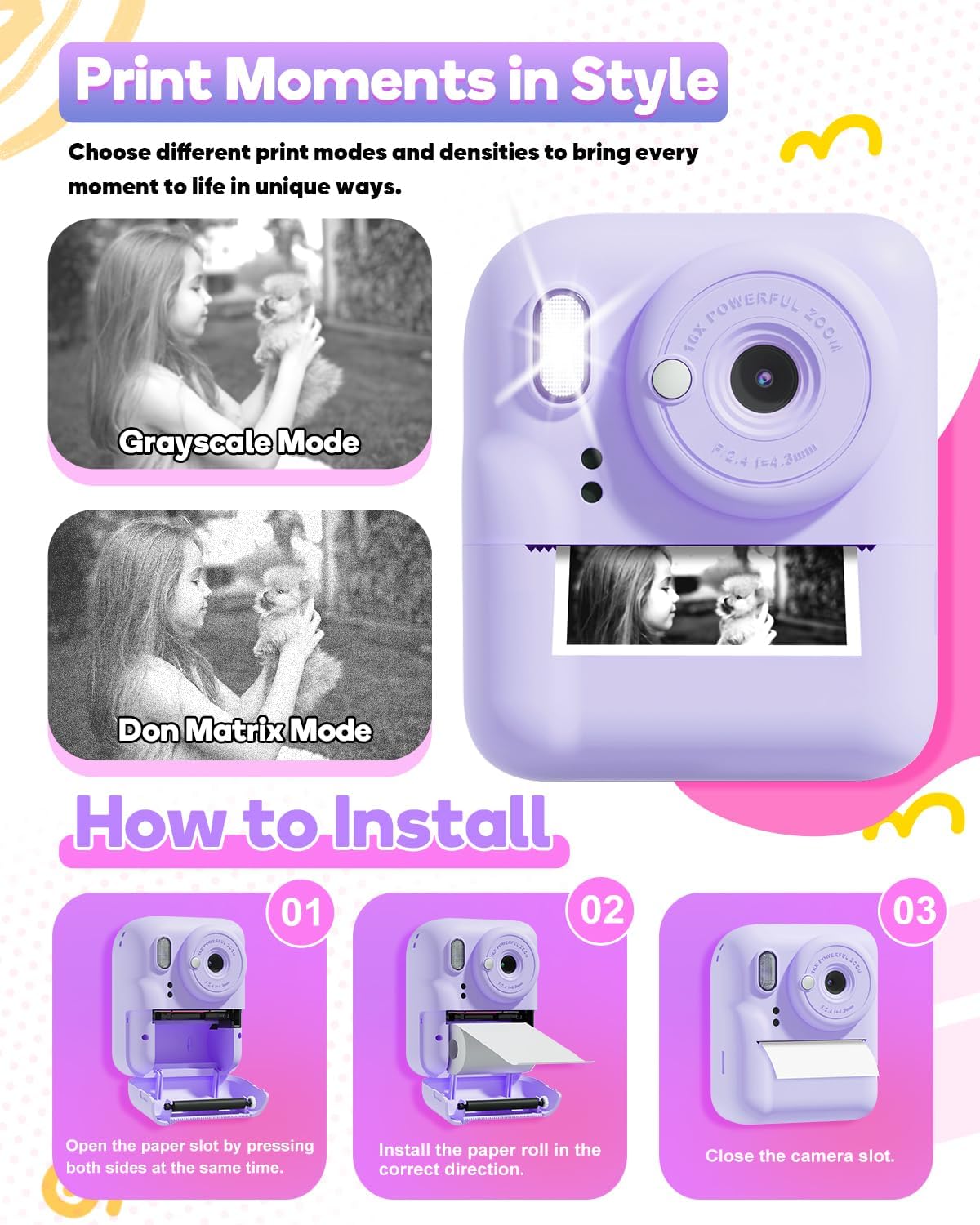 Step-by-step guide for installing thermal paper into the Ziegoal Kids Instant Print Camera, along with examples of grayscale and dot matrix print modes.