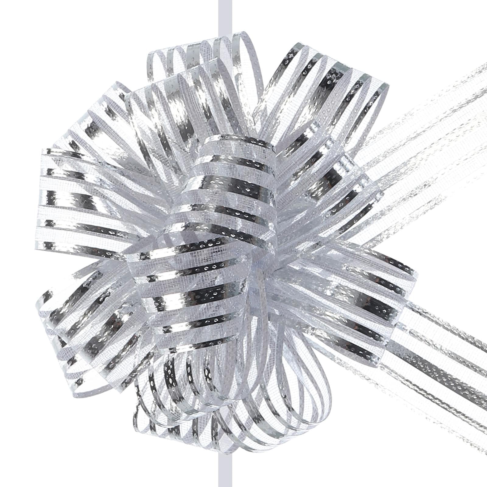 TA-VIGOR 5Pcs 4 Inch Large Organza Pull Bows – Silver Chiffon Gift Wrapping Ribbon Bows for Weddings, Gift Baskets, Presents, Christmas and Valentine’s Day Decorations