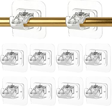 10Pcs Self-Adhesive Curtain Hooks,Self-Adhesive No Drill Transparent Curtain Rod Brackets Towel Rod Drapery Hook Holder for Kitchen Heavy Duty Adjustable Bedroom Bathroom