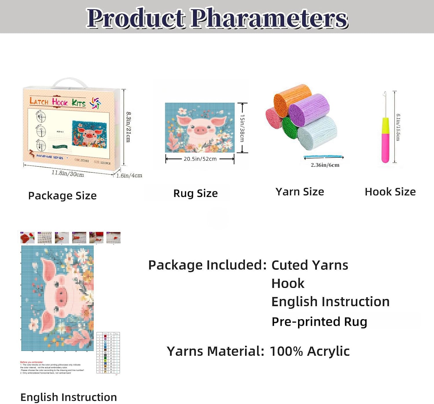 DIY Rug Latch Hook Kits Cute Cartoon Pig in Flowers Stamped Non-Slip Mat Crocheting Yarn Hook and Latch Emboridery Tapestry for Home Floor Decor and Pet Warm Cushion 52x38cm(19)
