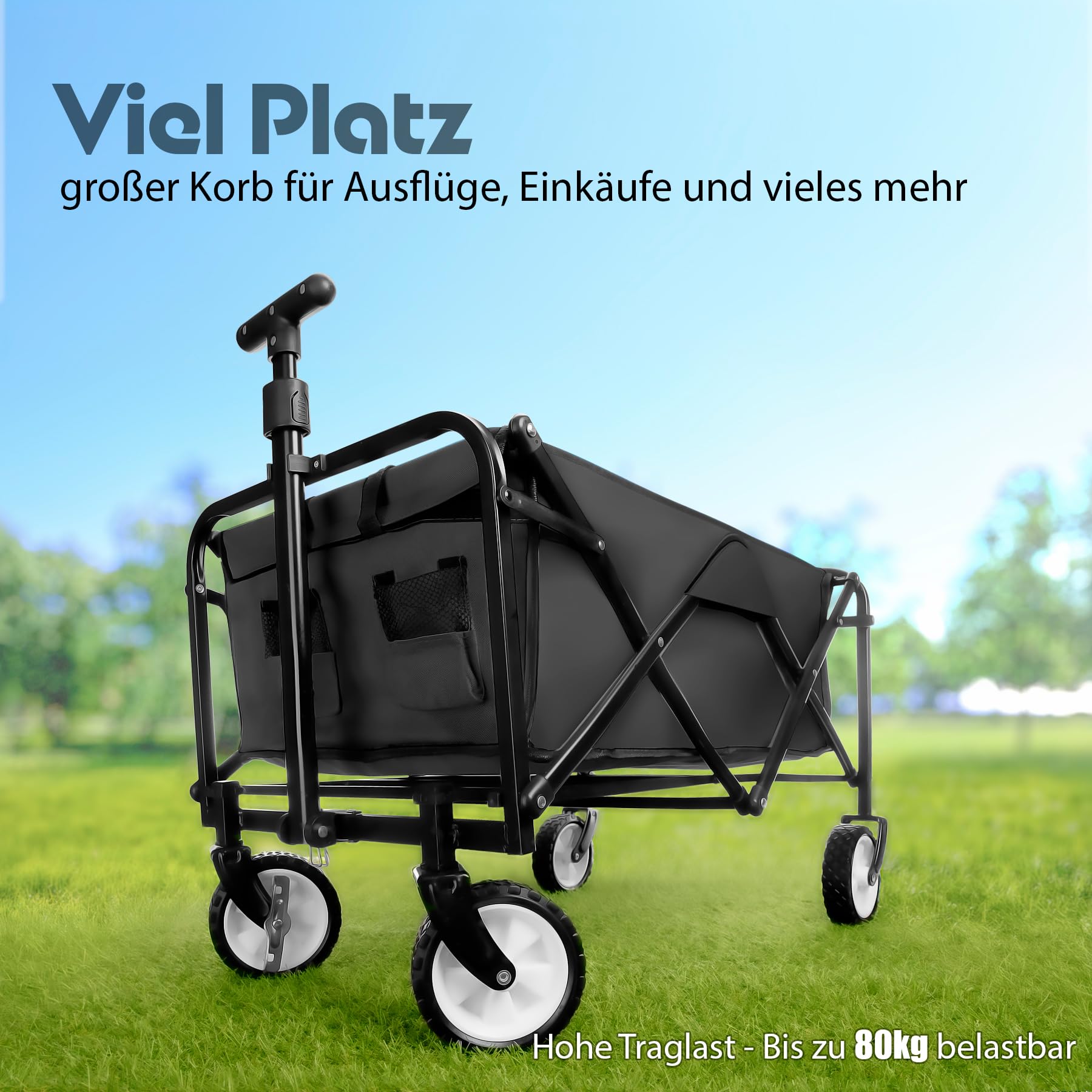 BigDean kompakter Bollerwagen faltbar schwarz bis 80kg belastbar – Kleiner Bollerwagen platzsparend zusammenklappbar für Ausflüge, Camping & Einkäufe