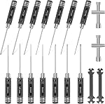 9Pcs RC Hex Driver Set 0.9mm 1.27mm 1.3mm 1.5mm 2.0mm 2.5mm 3.0mm Hex Screw Driver Set Titanium Hexagon Screwdriver Wrench Tool Kit with Wrench and Socket for RC Car Drone Helicopter Quadcopter