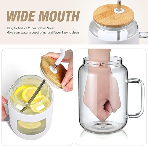 Miniatura 3 de WINSA Botellas de agua de vidrio de 50 onzas con funda de silicona, vaso de vidrio con tapa y popote, taza de café helado con asa, sin BPA, color