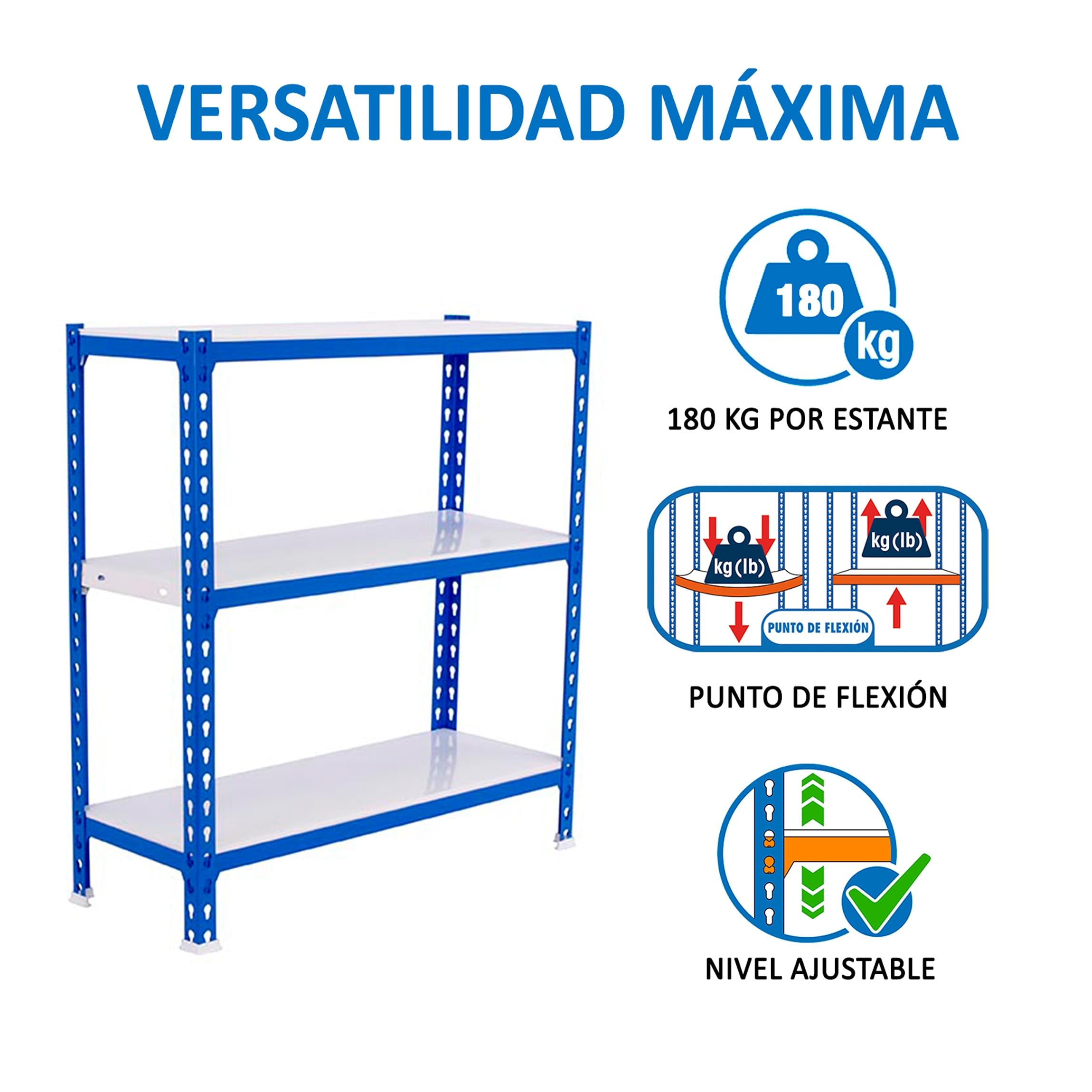 Simon Rack Étagère Rangement à 3 Niveaux, 180 kg Capacité de Charge et Point de Flexion, 900x1000x500 mm, Étagère Charge Lourde, Étagère Garage, Bleu/Blanc - Simonclick