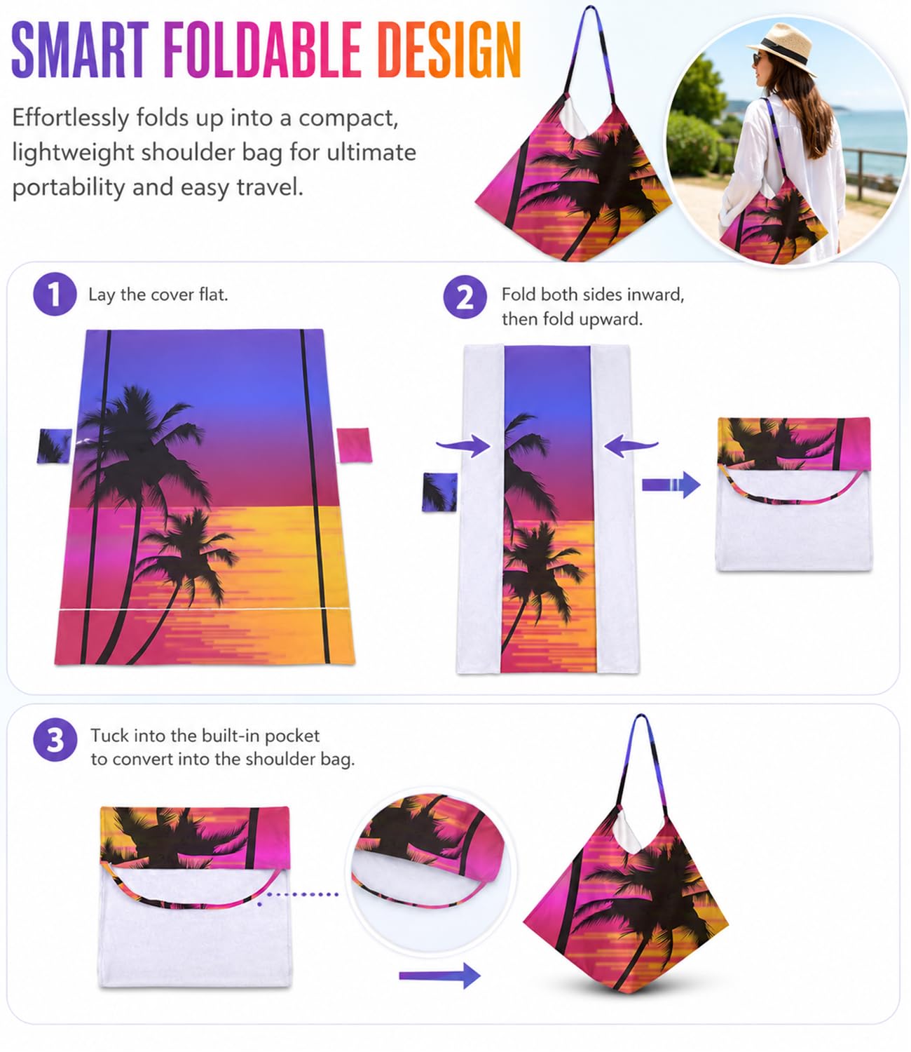 Highdi Housse de Chaise de Plage 3D Couverture de Serviette de Chaise Longue avec Poche Housse de Serviette de Chaise Longue en Microfibre pour Piscine, Bain de Soleil (75x210cm,Crépuscule)
