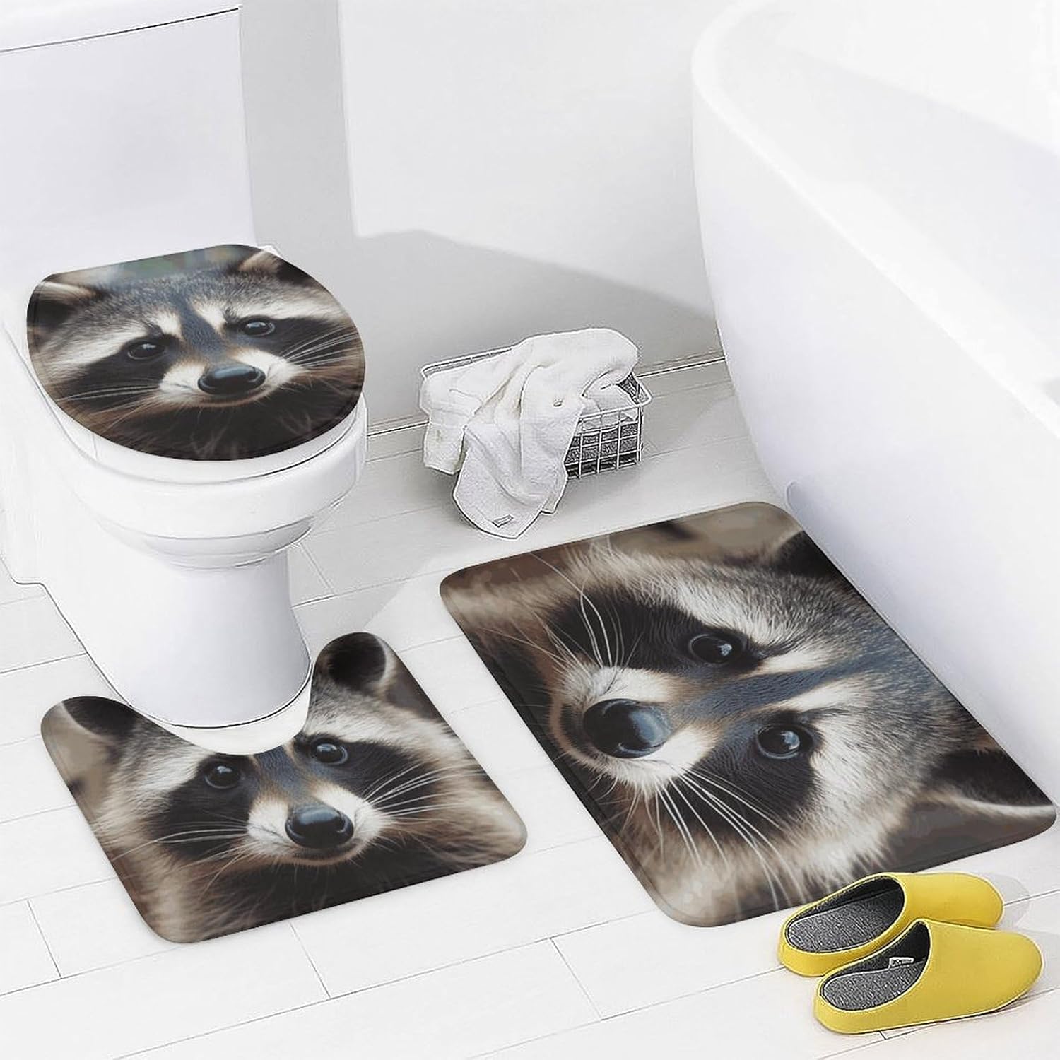 Little Raccoon Face Shower Curtain Set 4 Piece, Non-Slip Bath Mat with Toilet Lid Cover and Waterproof Shower Curtain with 12 Hooks, Complete Bathroom Set for Home Decor
