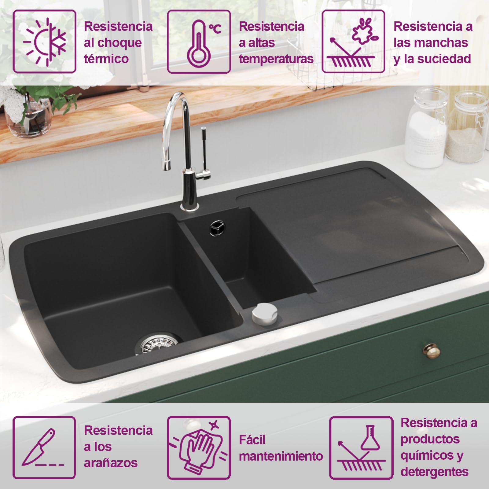 vidaXL Fregadero de Cocina 2 Seno Granito Lavadero Fregadero Lavabo Lavaplatos