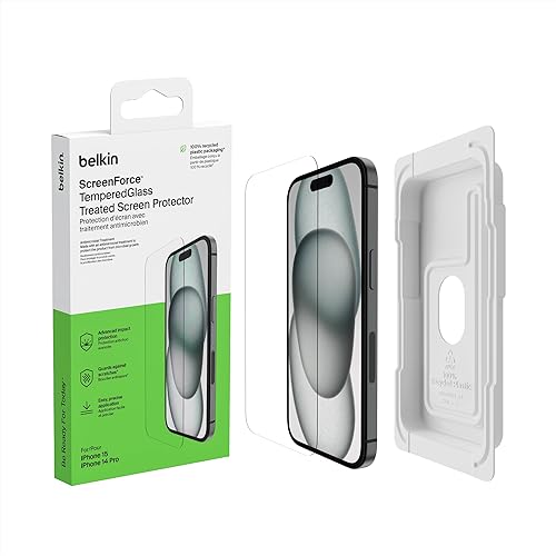 Belkin ScreenForce - Protector de pantalla tratado con vidrio templado para iPhone 15 y 14 Pro, delgado y resistente a los arañazos, incluye bandeja