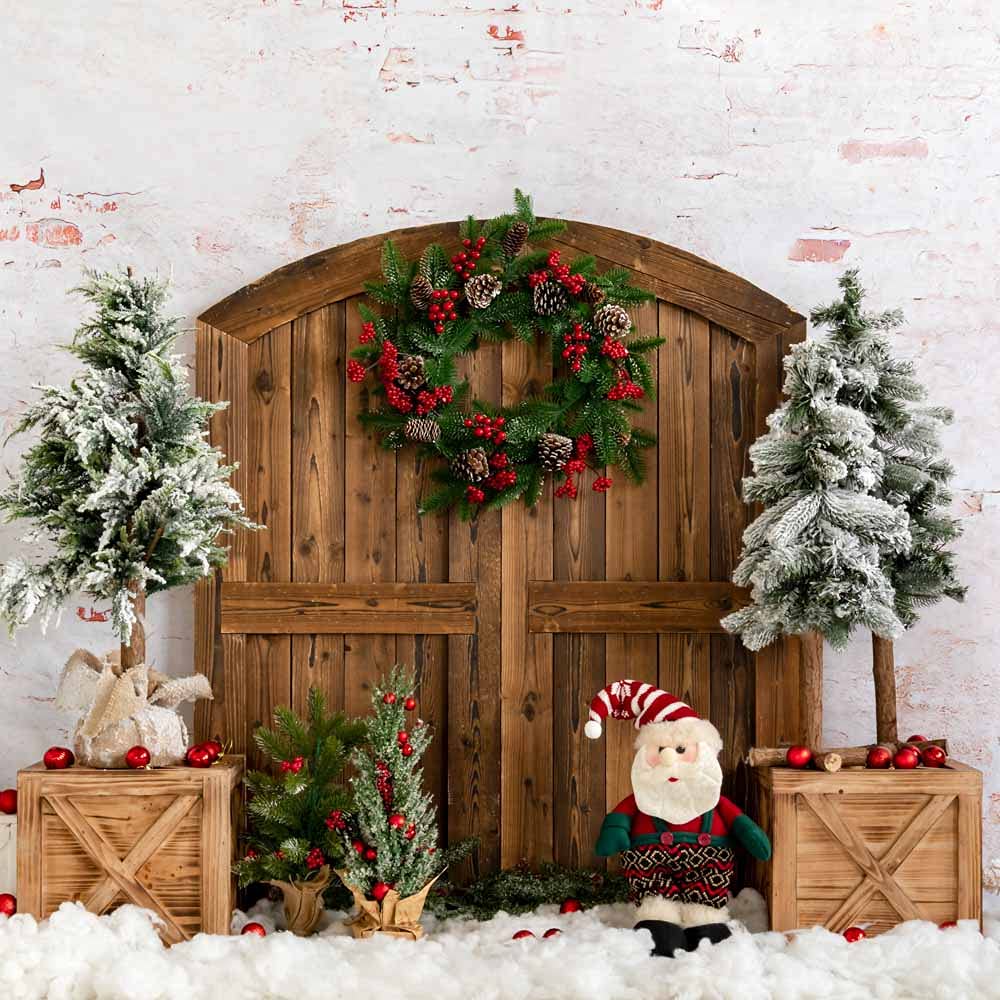 Kate 10×10ft (3×3m) Christmas Tree Photo Backdrop Xmas Santa Claus Wooden Door Brick Wall Decoration Photography Background for Xmas Photographer Studio Props