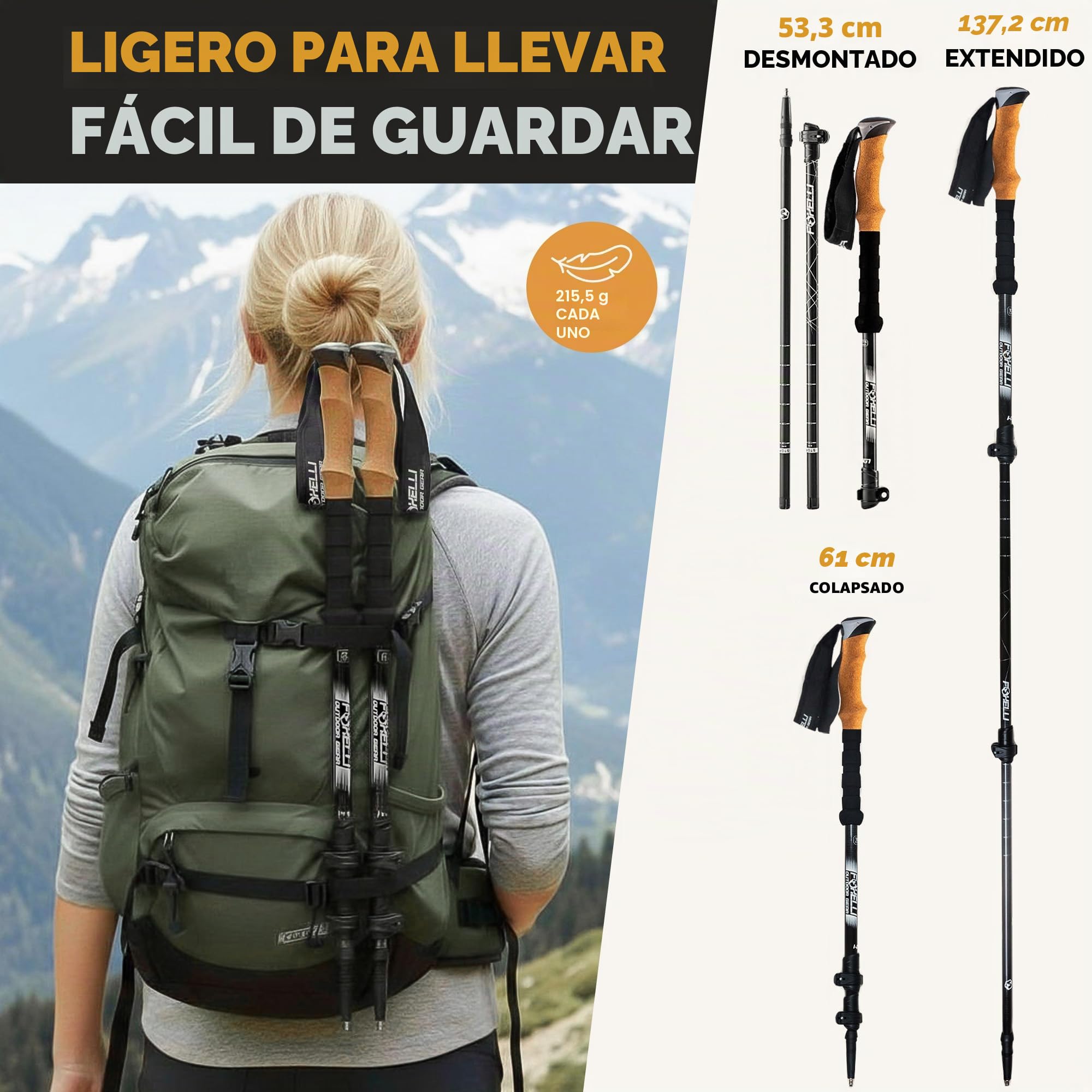 Foxelli Bastones de Senderismo de Fibra de Carbono – Bastones de Senderismo Plegables Ligeros, Bastones de Senderismo Que absorben los Golpes con agarres de Corcho Natural, cerraduras abatibles,