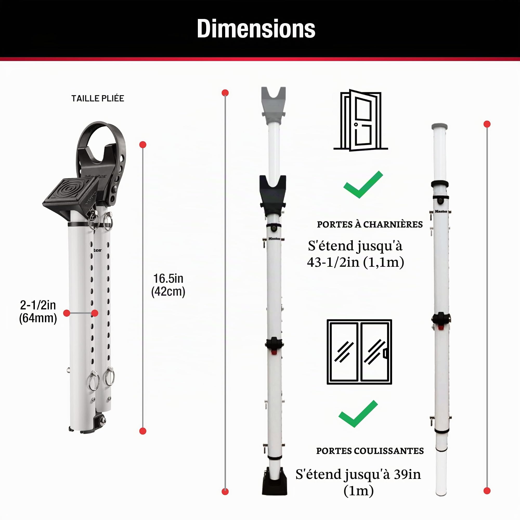 Master Lock Butée de porte compacte avec barre de sécurité pliable, réglable pour portes battantes et coulissantes, blanc