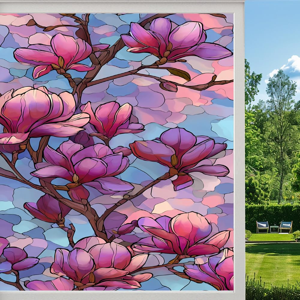 Pmlbaous Colorful Flowers Frosted Window Film, Abstract Magnolia Flower Stained Glass Privacy Film, Heat Insulation Self-Adhesive Vinyl For Bathroom Office, （55X100cm）