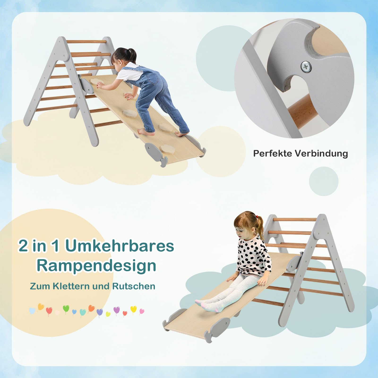 COSTWAY Kletterdreieck mit Rutsche, Klettergerüst Indoor ab 1 Jahr, Sprossendreieck Kletterrampe aus Holz, zum Klettern & Rutschen (Grau)