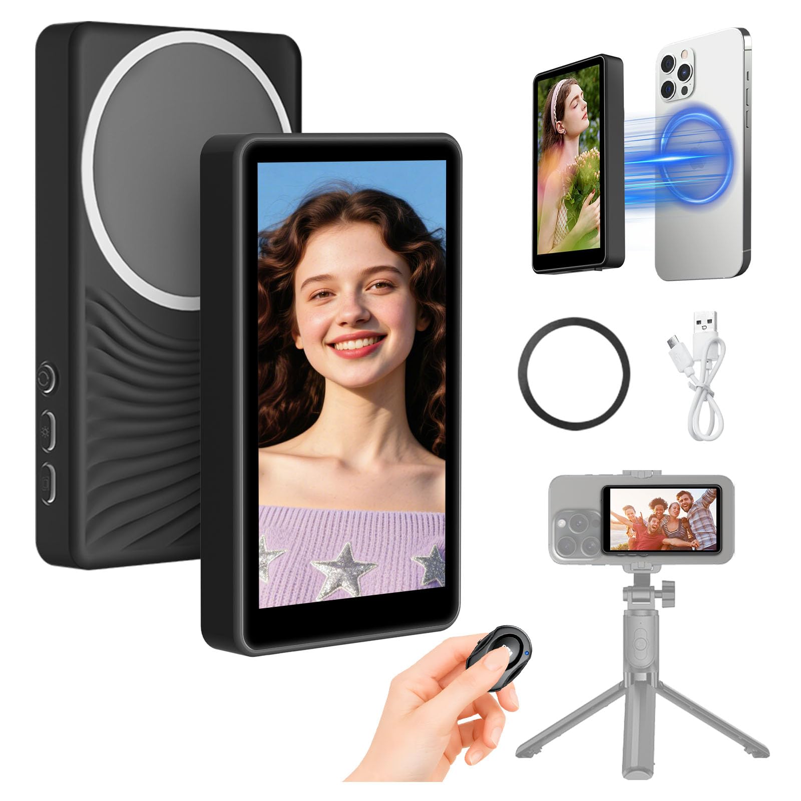 Zarvexis Phone Vlog Selfie Monitor Screen, Bluetooth Remote Back Camera Monitor No Delay, Magnetic Rear Camera for Selfie Vlog Live Streaming with iPhone Android, 4K 60fps Wireless Recording Black-picture-19