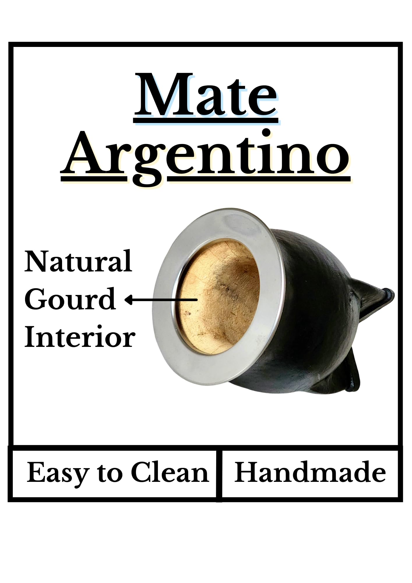 Taza Mate Argentino Hecho de Calabaza Natural - Mate de Calabaza con Exterior de Cuero Negro y Borde Liso de Acero Inoxidable - Incluye Bombilla
