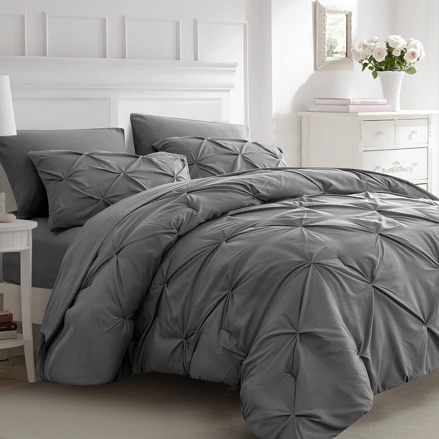 Lanqinglv Pintuck Bettwäsche 135x200 cm Dunkelgrau Luxus Plisseefalten Wendebettwäsche Set aus Mikrofaser