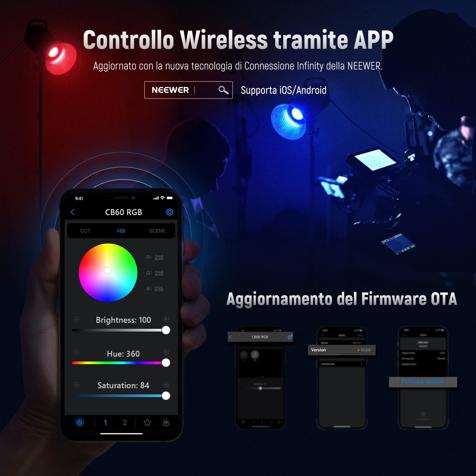 NEEWER CB60 RGB 70W Luce Video LED con Controllo 2,4G/APP Illuminazione Video Continua COB Colore Pieno Attacco Bowens 18000Lux@1m CCT 2700-6500K CRI97+ 17 Effetti per Studio Registrazione Fotografia