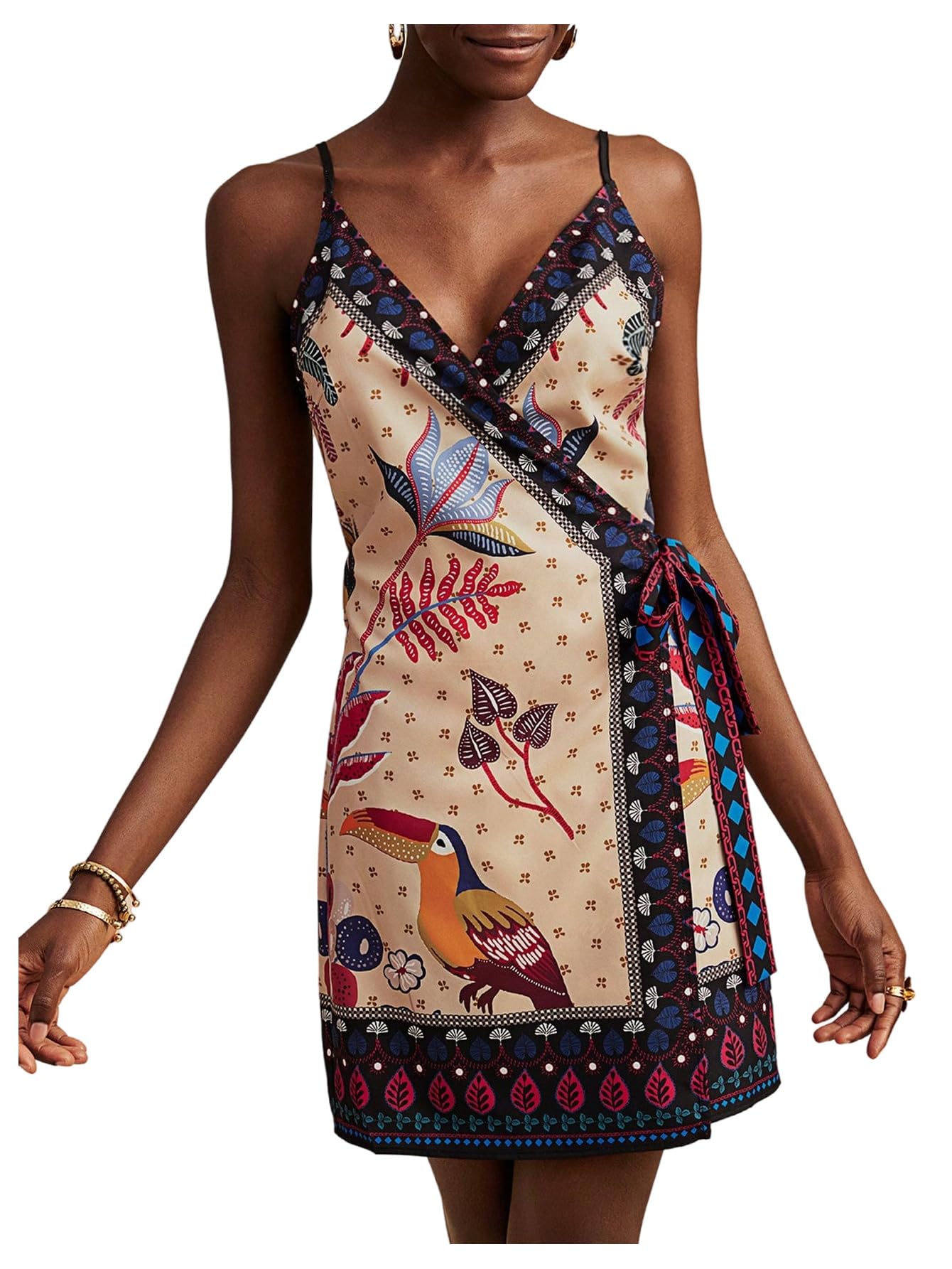 Women's Tropical Print Wrap Dress Sleeveless Vacation Dresses