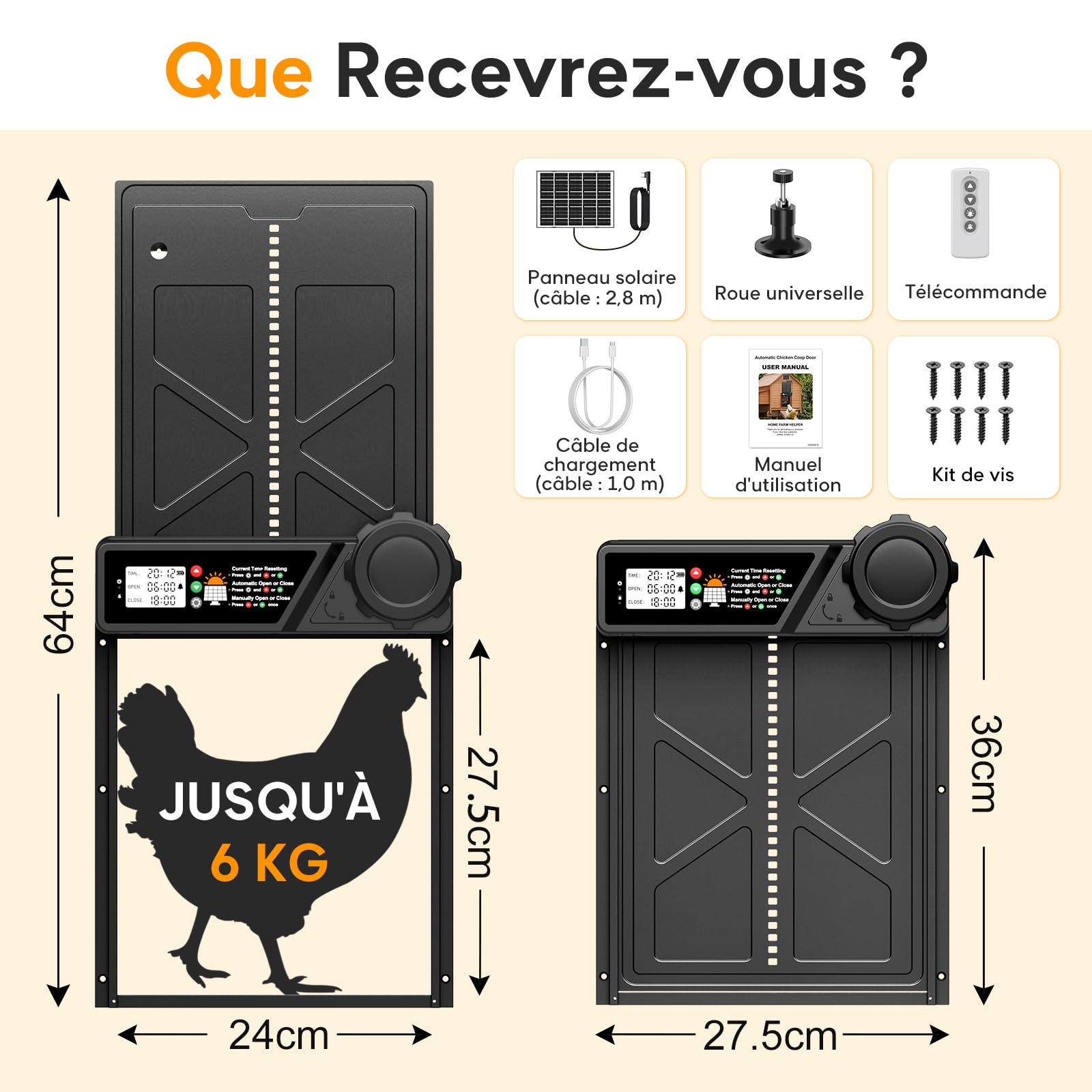 Grande Porte Poulailler Automatique Solaire, MASTERFUN Porte Automatique Poulailler Solaire en Aluminium avec Écran LCD Étanche, Minuterie, Télécommande, Fonction Anti-pincement, Noir